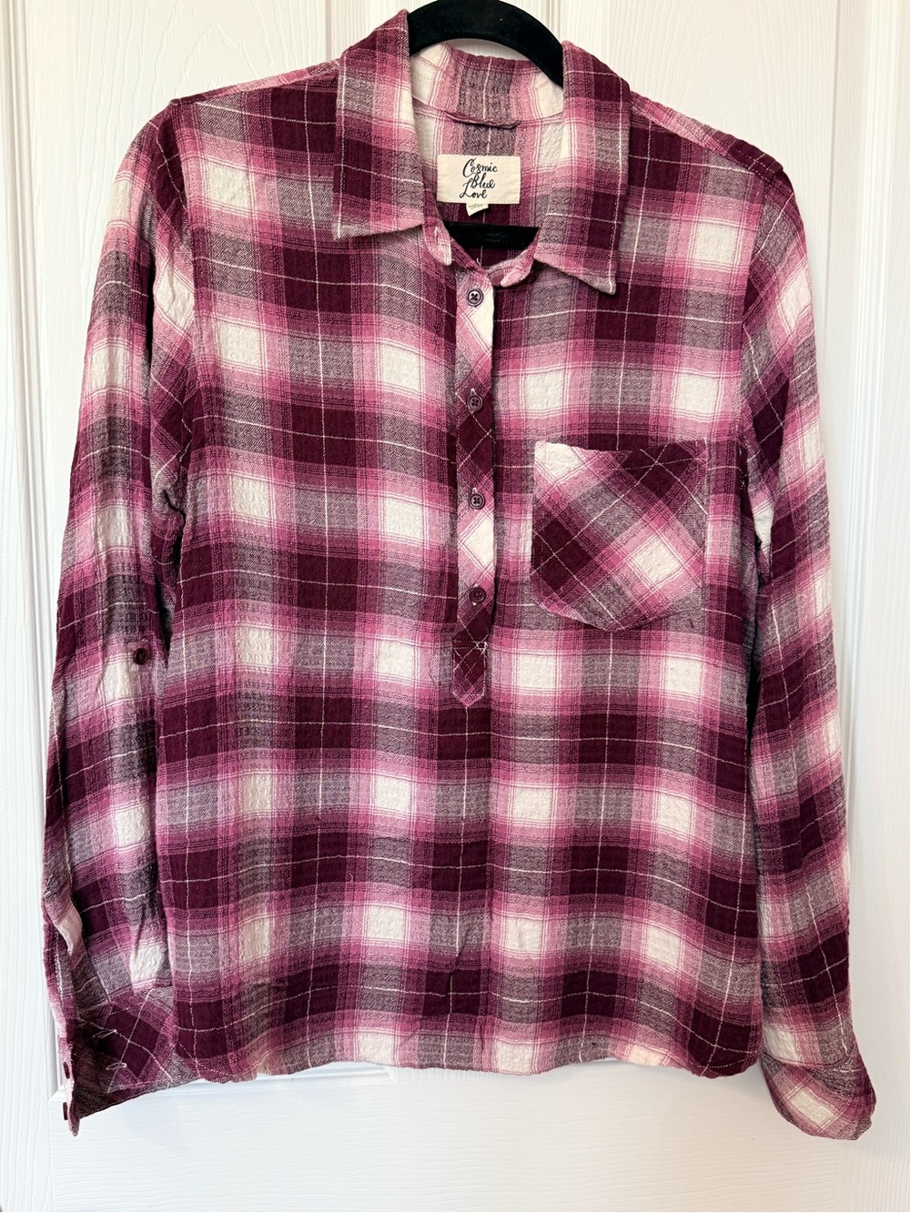 Casual Plaid Button-Front Blouse in Purple - Annie Blue Love